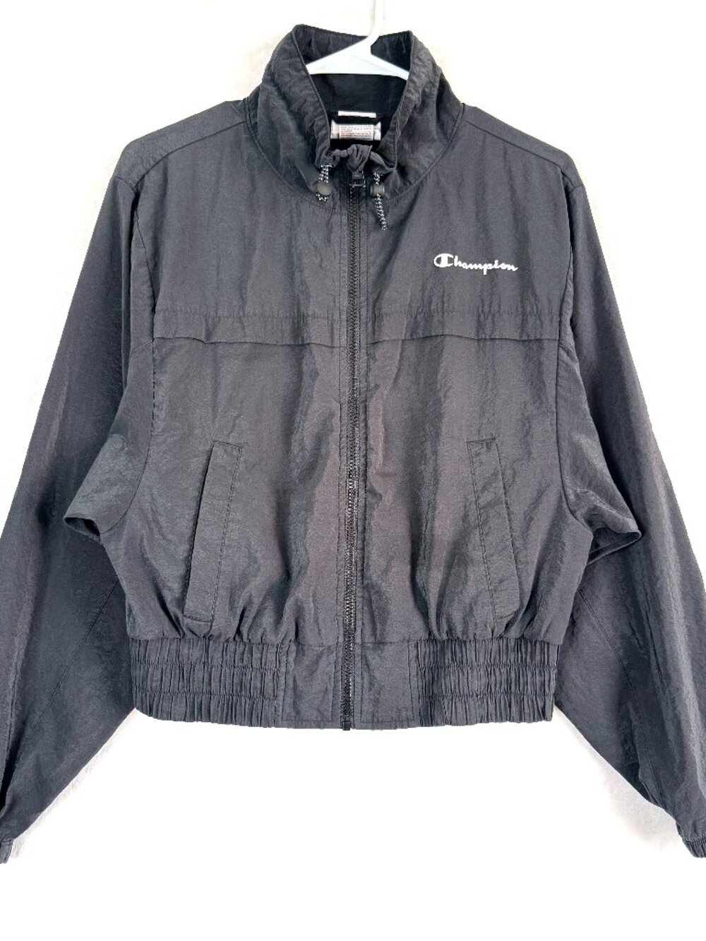 Champion Full Zip Cropped Windbreaker Stand Collar Jacket Womens M Black Y2K